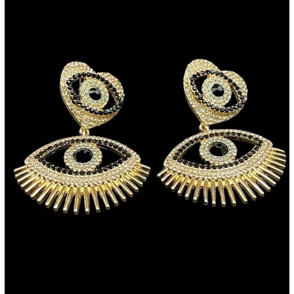 C&C California Jewelry - C&C California Evil Eye Heart Dangling Rhinestone Stud Gold Tone Earrings
